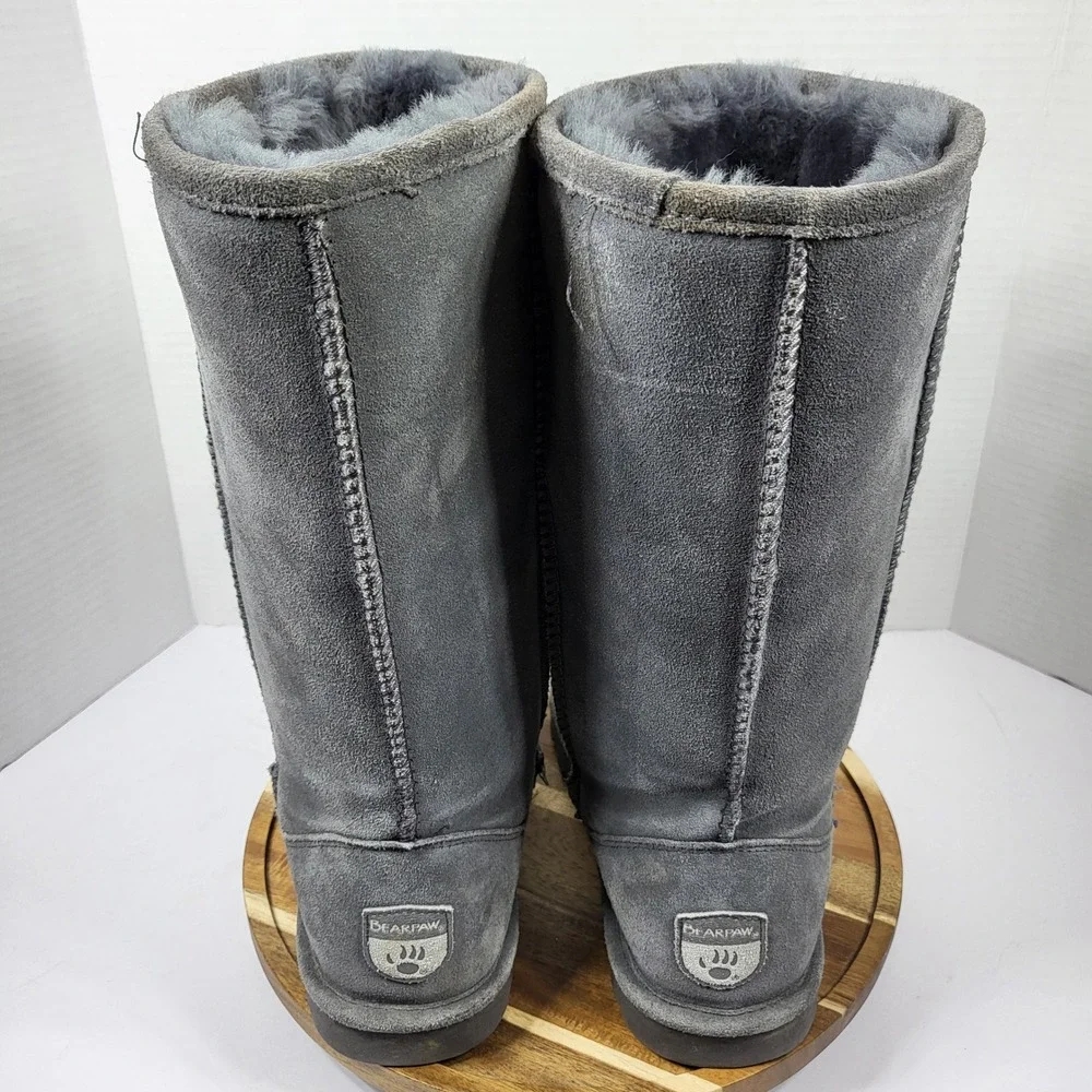Bearpaw Women's Elle Tall‎ Wide Calf Suede Sheepskin Boots Charcoal Grey Size 8